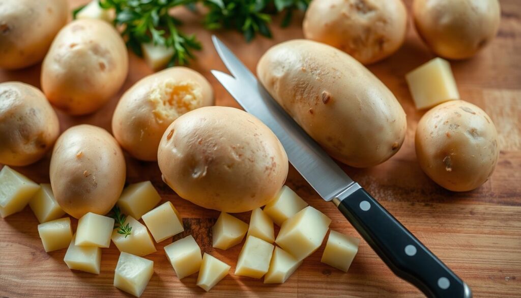 Loaded Baked Potato Soup chopping potatoes for crockpot potato soup