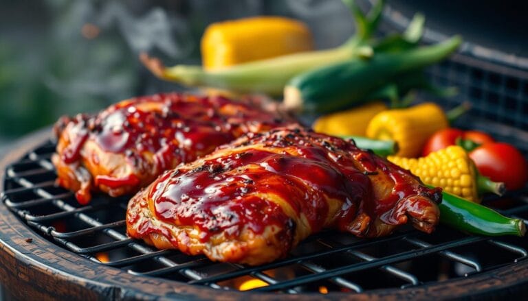 Homemade BBQ chicken on baking sheet, ready to be served