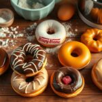 A beautifully arranged flat lay of freshly made Krispy Kreme doughnuts, showcasing a variety of flavors including classic glazed, chocolate frosted, and raspberry filled, surrounded by baking ingredients like flour, sugar, eggs...