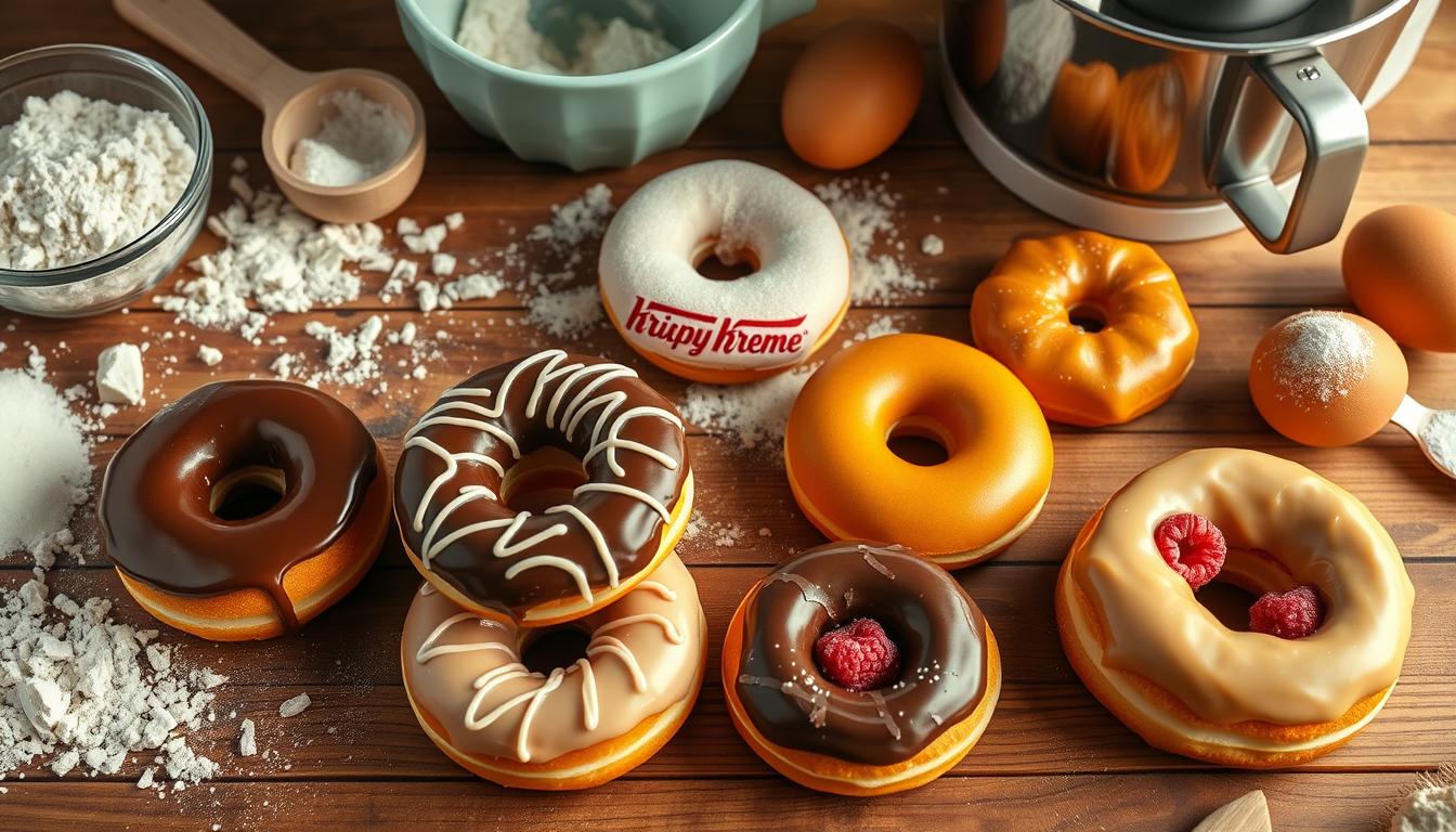 A beautifully arranged flat lay of freshly made Krispy Kreme doughnuts, showcasing a variety of flavors including classic glazed, chocolate frosted, and raspberry filled, surrounded by baking ingredients like flour, sugar, eggs...