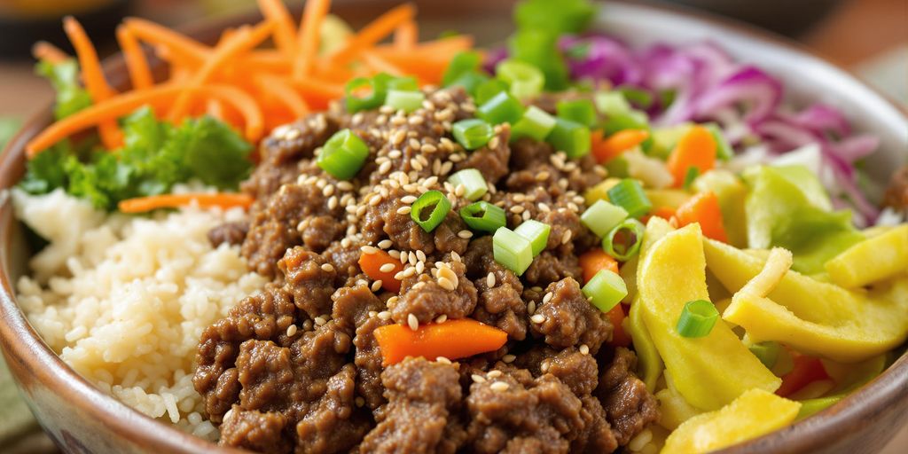 Korean Ground Beef Bowl with rice and vegetables.